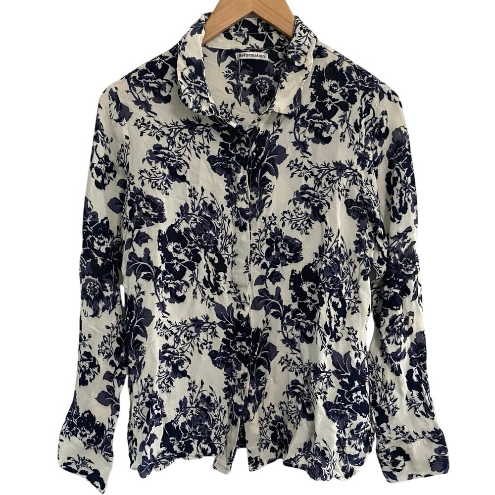 Reformation White and Blue Floral Blouse